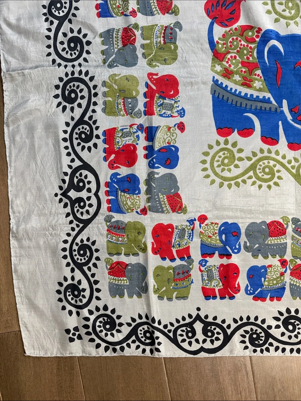 Vintage 100% Thai Silk Scarf Elephant Motif Colorful Square Wrap